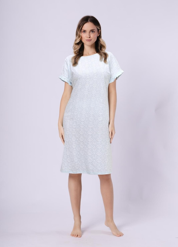 Bawełniana koszula nocna damska 1730 Clea Leveza | Orientalny wzór, falbankowy rękaw | Komfortowa koszula nocna przed kolano