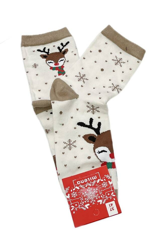 Skarpety Milena 1283-015 – Renifer w Szaliku, damskie świąteczne, ecru beżowy