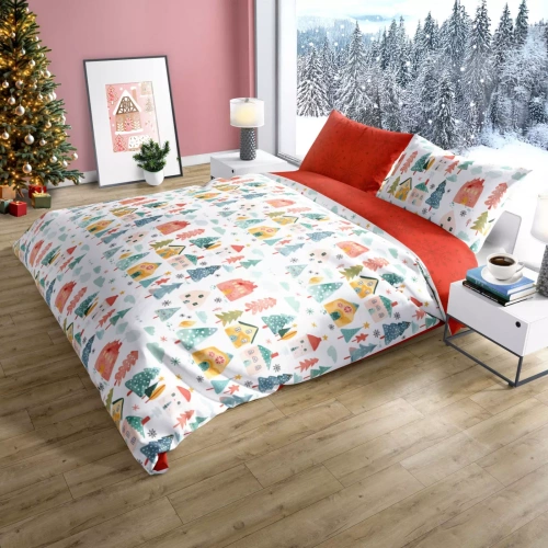 Scandic 080 Scandic Faro biała i czerwona z kolorowymi domkami – pościel świąteczna dwustronna, bawełna 100%, komplet 