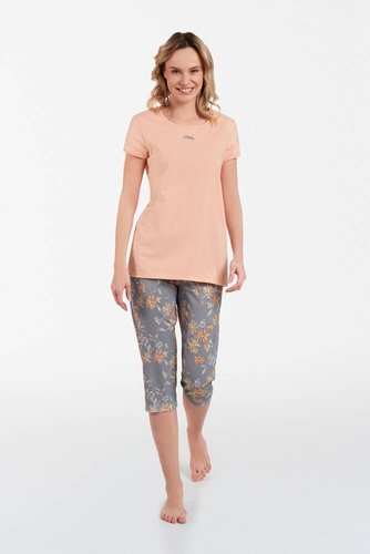 Piżama Damska krótki rękaw, 3/4 spodnie Kasali Italian Fashion - łosoś/druk 