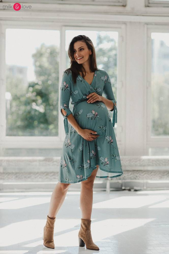 Sukienka do karmienia ciążowa Two Ways MIDI Milk&Love miętowa granatowa w listki