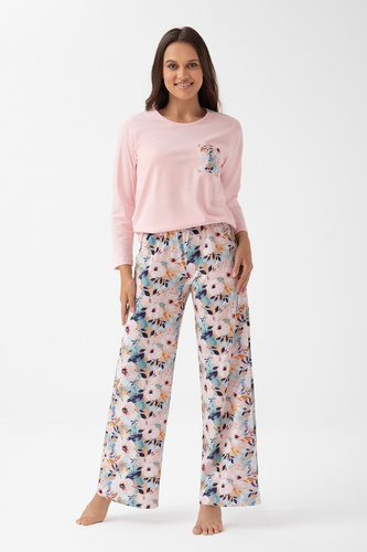 Damska piżama Luna 348 różowa – długi rękaw, bawełna, kwiatowe spodnie, lekkość i wygoda
