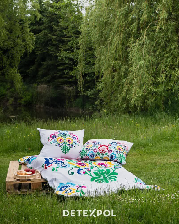 Pościel bawełniana Łowicka wycinanka 3612 A kwiaty kurpiowska Detexpol biały/szary