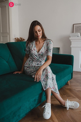 Two Ways LONG Sukienka do karmienia ciążowa krótki rękaw Milk&Love miętowa w magnolie i ptaki