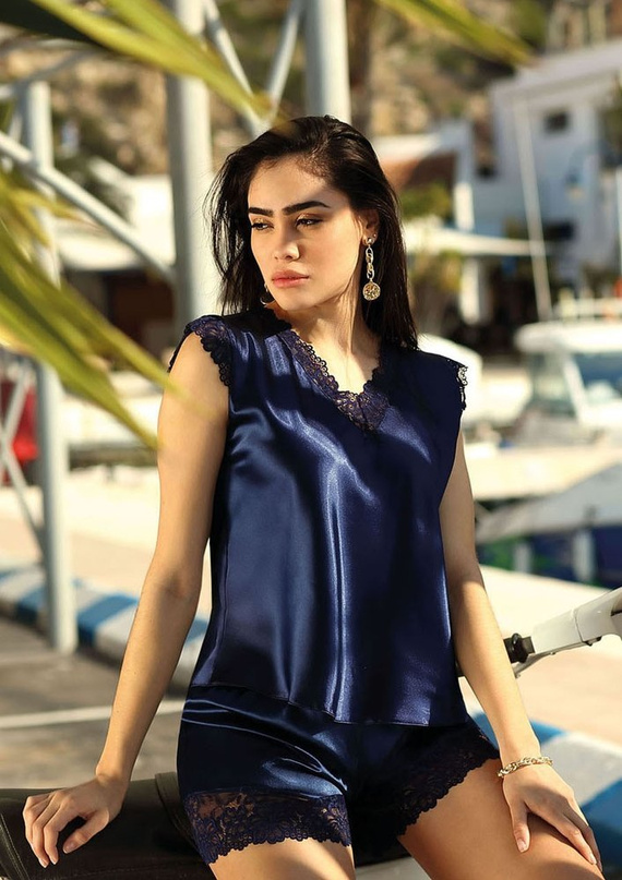 Piżama Damska Satynowa Skaylor DKaren - granat