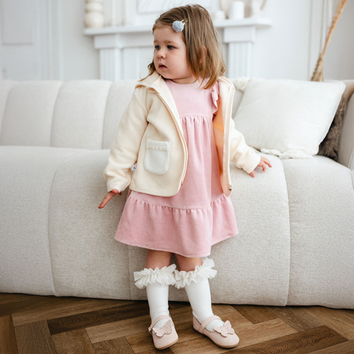 Różowa sukienka welurowa Fluffy Tails Eevi – długi rękaw, falbanki na ramionkach