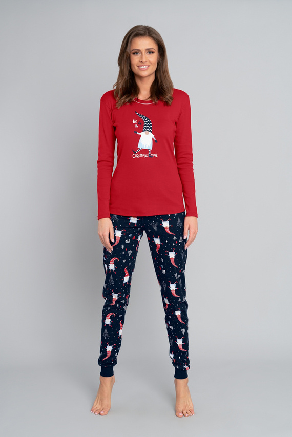 Piżama Damska długi rękaw, długie spodnie Skrzat Italian Fashion- czerwony/druk