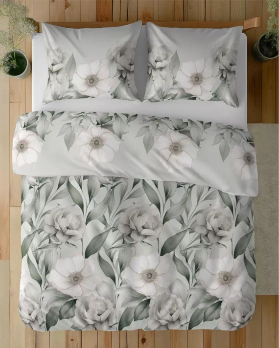 Pościel satynowa Romantyczna Magnolia 5220 B Detexpol zielony 