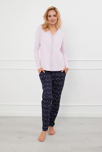 Rozpinana Piżama Damska długi rękaw, spodnie Libra Italian Fashion - różowy/druk