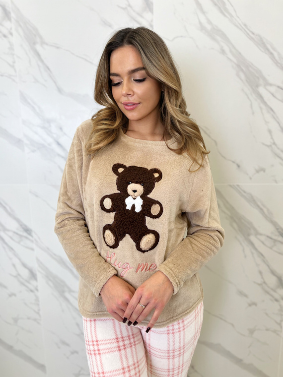 Madlen Sorbetto brązowa – ciepła piżama polarowa z haftem i spodniami w kratkę