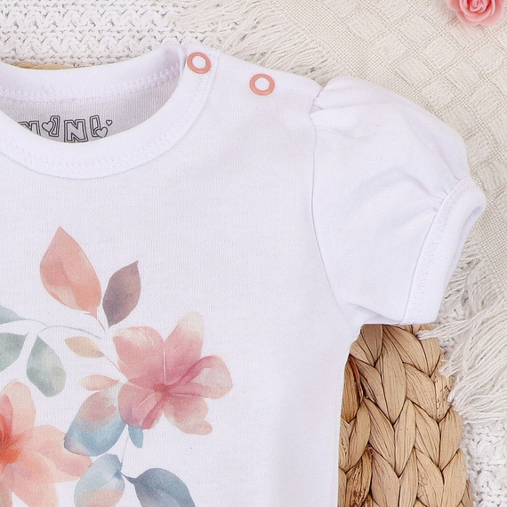 Body dla dziewczynki, krótki rękaw Kolorowe kwiatki Nini biały