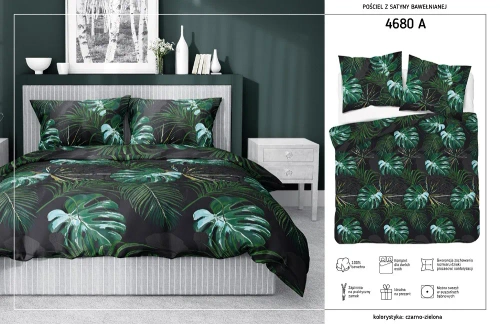 Pościel satynowa 4680 A Home Satin liście Detexpol czarny
