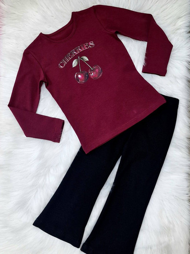 Bambarillo Cherries bordowy bluzka dziewczęca – długi rękaw, bawełna z elastanem