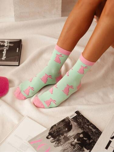 0200-153 Królik Skarpety damskie Milena -zielony pastelowy