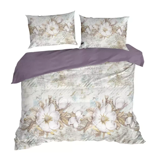 Pościel satynowa Spring 26 Kwiaty Eurofirany kremowy/fioletowy