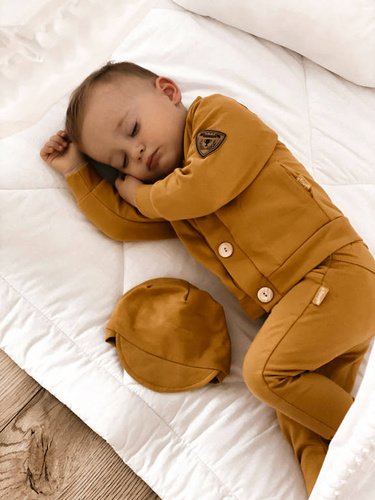 Komplet czapka, bluza, body i spodnie 169405 "Mix" Nicol - musztardowy