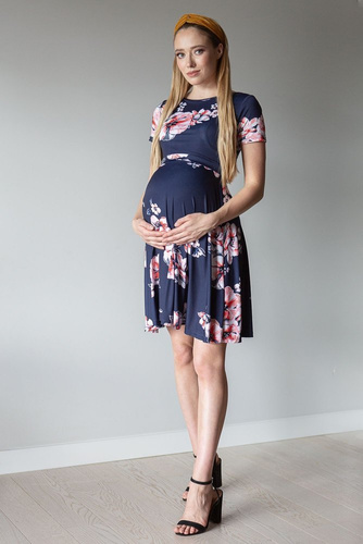Sukienka ciążowa   124  MIRACLE-granatowy kwiaty