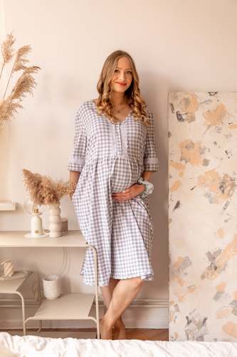 Koszula nocna ciążowa 34LI Lidia w kratkę – do karmienia, 100% bawełna