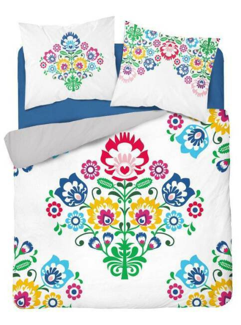 Pościel bawełniana Łowicka wycinanka 3612 A kwiaty kurpiowska Detexpol biały/szary