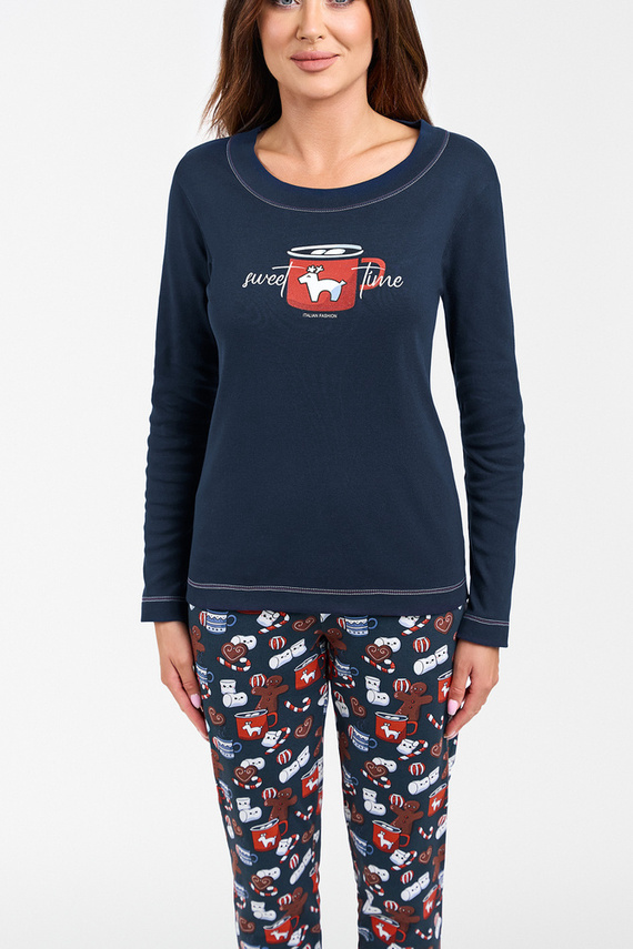 Piżama Damska długi rękaw, długie spodnie Makala Italian Fashion - granat/druk