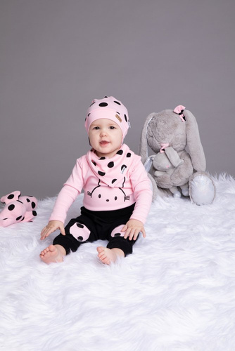 Komplet czapka, apaszka, body i spodnie 163381 "Bunny Groszki" Nicol - róż