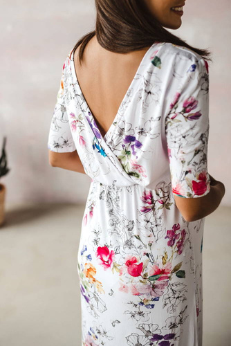 Two Ways LONG Sukienka do karmienia ciążowa krótki rękaw Milk&Love biała w kolorowe kwiaty