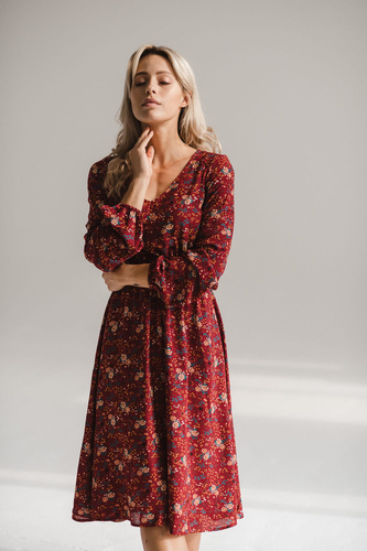 Milk&Love Lovely Dress Midi – sukienka do ciąży i karmienia, bordowa w kwiatki, długi rękaw