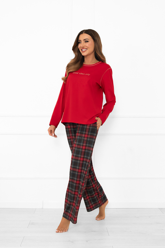 Piżama damska Rozana Italian Fashion czerwona 100% bawełna, długi rękaw , spodnie w kratę