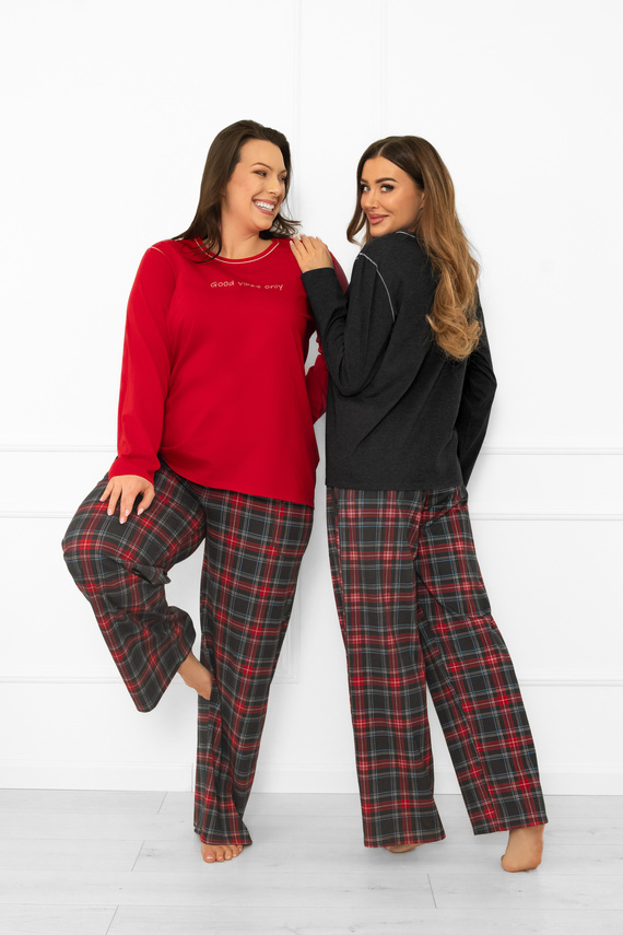 Piżama damska Rozana Italian Fashion czerwona 100% bawełna, długi rękaw , spodnie w kratę