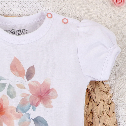 Body dla dziewczynki, krótki rękaw Kolorowe kwiatki Nini biały 