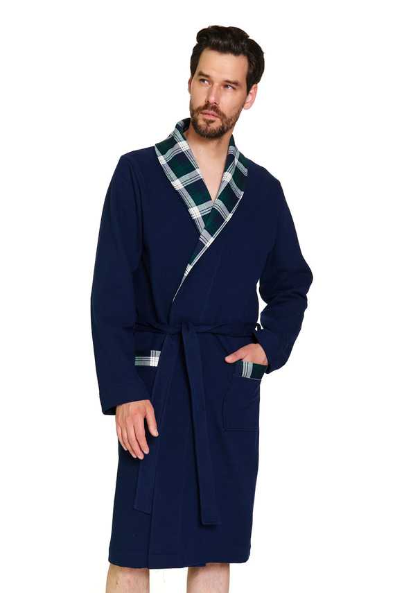 Męski bawełniany szlafrok granatowy z kieszeniami i kratką – Doctor Nap 7366 - navy blue