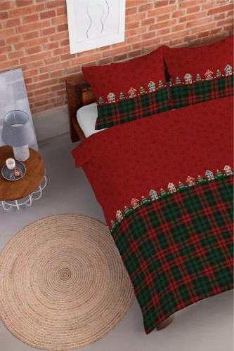 5619 A Magia Świąt Detexpol Pościel świąteczna flanelowa czerwona w domki i kratę– bawełna 100%, certyfikat OEKO-TEX®