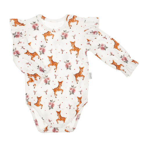 Body niemowlęce 216098 Lala Nicol – bawełna, długi rękaw, wzór jelonki, falbanki