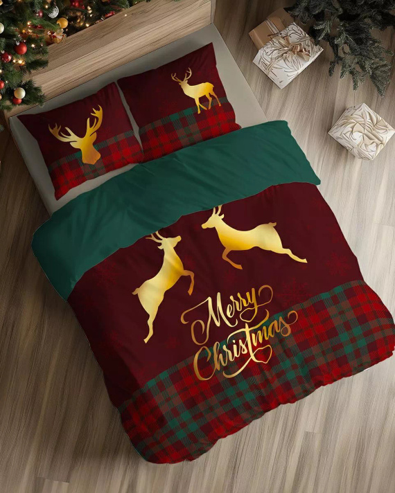 Detexpol Christmas Dreams 5827 A w kratę z reniferami Merry Christmas– pościel bawełniana świąteczna 100% bawełna