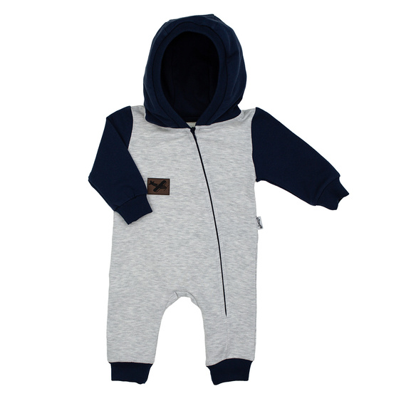 Pajac dresowy niemowlęcy Nicol Willy 219271 – bawełna, szaro-granatowy z suwakiem
