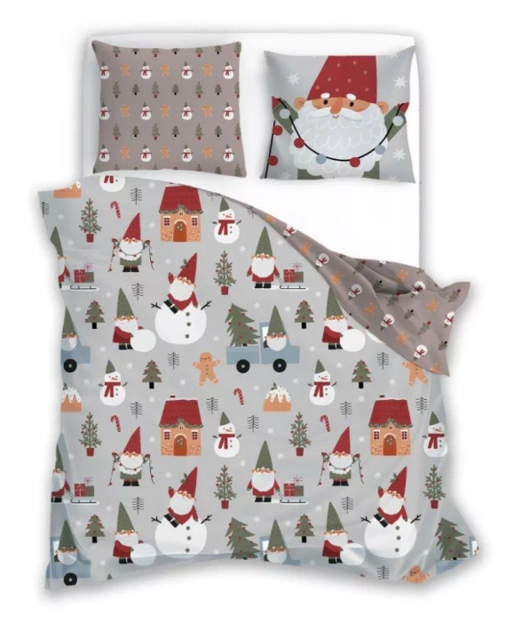 Holly Jolly 003 Faro Pościel świąteczna szara biała bałwany elfy– miękka satynowa mikrofibra, komplet z poszewkami