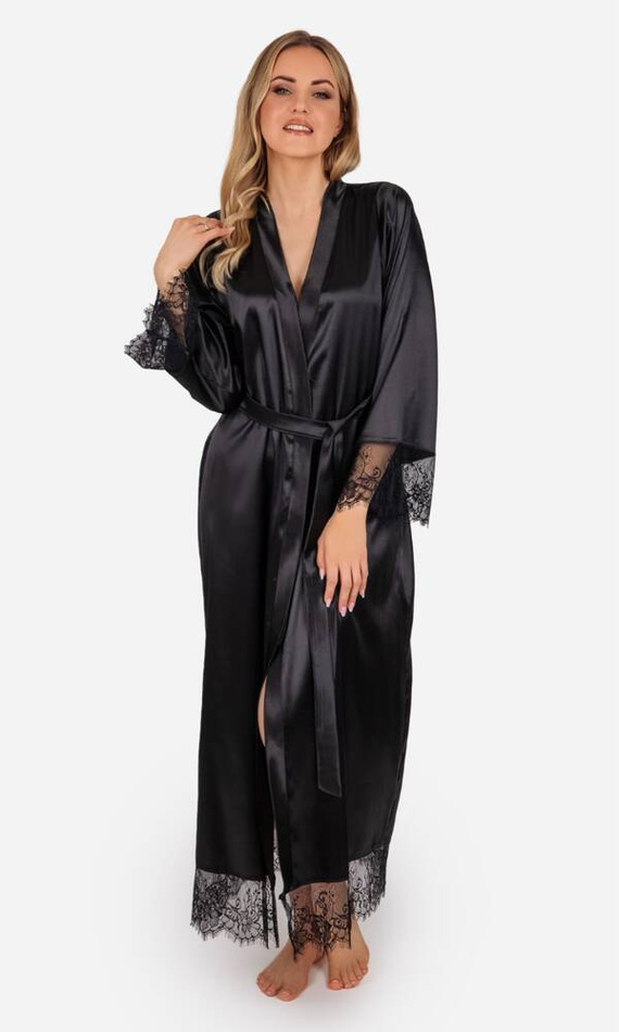 Szlafrok damski satynowy długi Blanka ByShelly - czarny