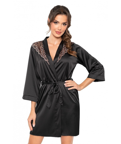 Szlafrok Donna Sabrina – satynowy peniuar z koronką i wiązaniem w talii