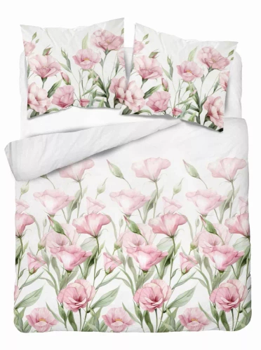 Pościel satynowa Różowe kwiaty na białym tle 5328 B Detexpol  