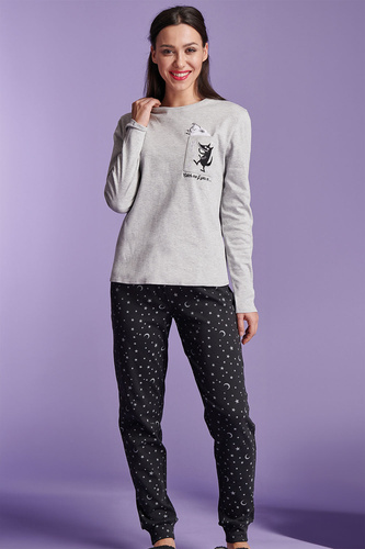 SHEARLY Sorbetto szara  – piżama damska z bawełny, aplikacją 3D i wzorem w gwiazdki