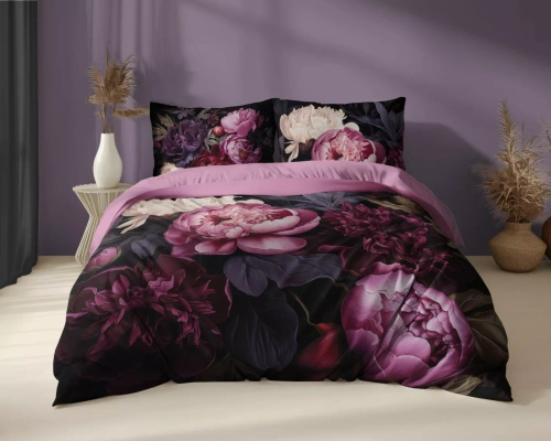 Detexpol Holland 5129 A pościel bawełniana czarna w piwonie w odcieniach bordo i różu– dwustronna, naturalna, 100% bawełna