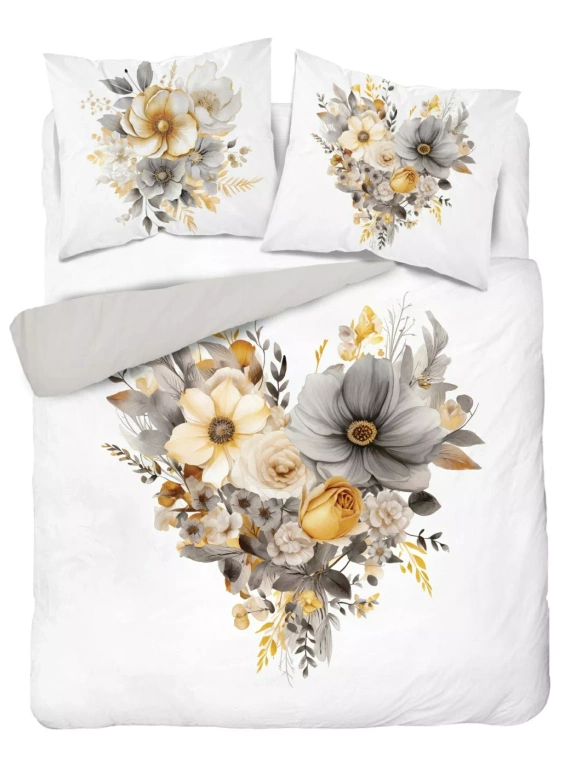 Detexpol Holland 5125 A pościel bawełniana biała z sercem z kwiatów beżowo-szarych- dwustronna, naturalna, 100% bawełna