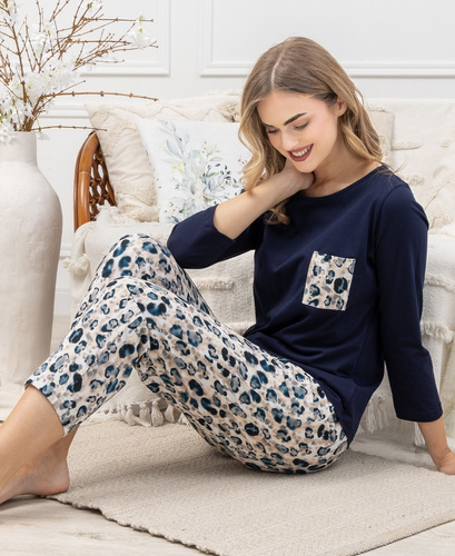 Leveza Wiktoria 1664 – damska piżama bawełniana, granatowa, z długim rękawem