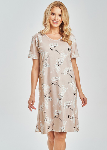 Bawełniana koszula nocna damska Fiora Taro 3538 – roślinny print, do kolan | Naturalny komfort na lato