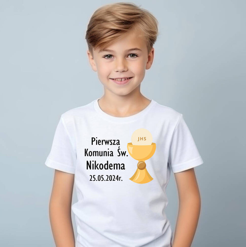 Koszulka dziecięca "Pierwsza Komunia Św. z imieniem oraz datą"  Moocha biały 