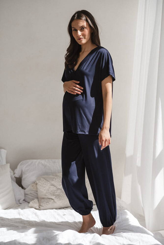 Bambusowe spodnie od piżamy ciążowej długie Moon Milk&Love granatowy