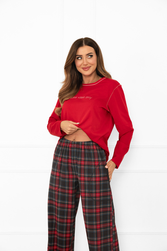 Piżama damska Rozana Italian Fashion czerwona 100% bawełna, długi rękaw , spodnie w kratę
