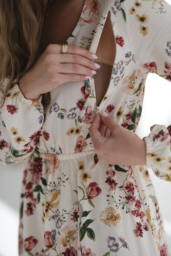 Sukienka ciążowa i do karmienia Lovely Dress Midi Milk&Love kremowa w kwiaty– naturalna tkanina z lnem, elegancka midi z zamkami do karmienia