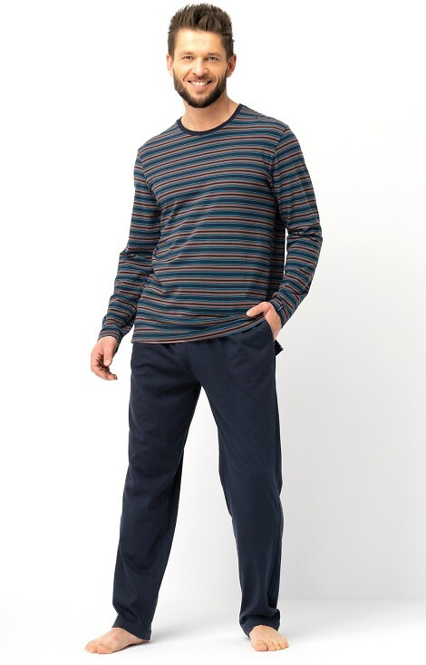 Key MNS 315 brąz – klasyczna piżama męska bawełniana, paski i gładkie spodnie