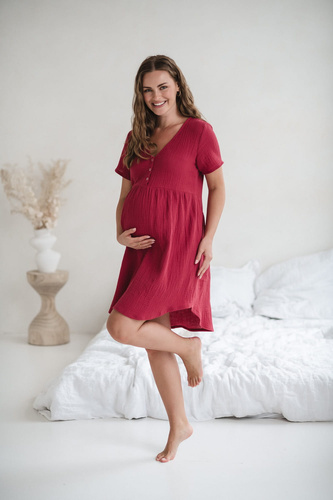 Koszula nocna ciążowa i do karmienia muślinowa Aurora Milk&Love malinowy